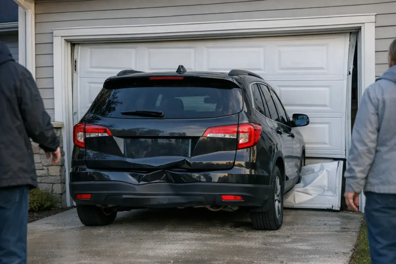 SUV stopped against the dented, bowed bottom section of a white garage door