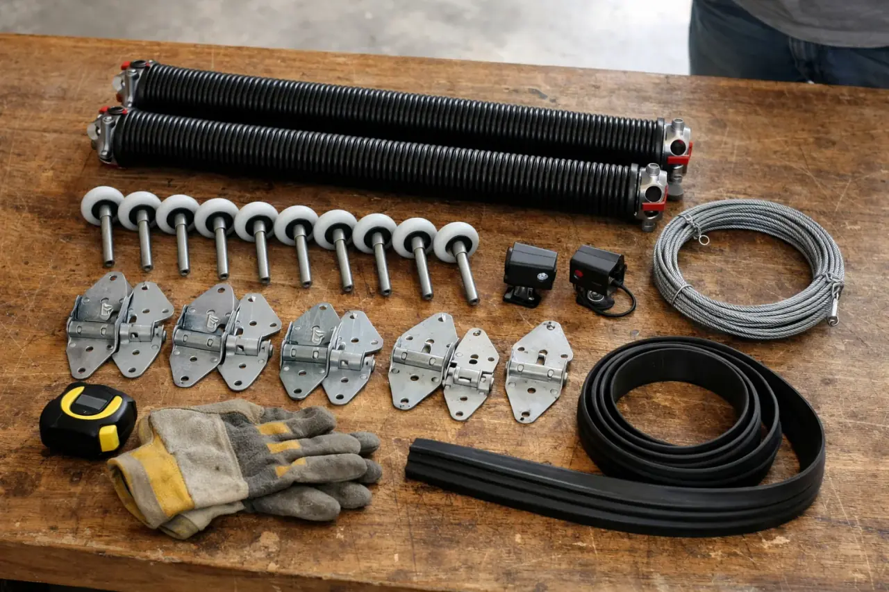 Common garage door replacement parts laid out on a workbench: torsion springs, lift cables, steel rollers, hinges and a photo-eye sensor