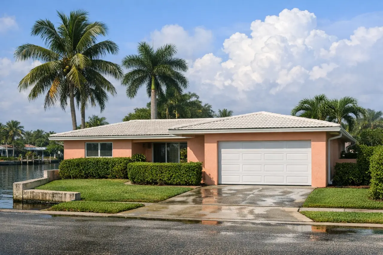 Single-story stucco ranch house with a white garage door on a palm-lined canal street under a humid Florida sky