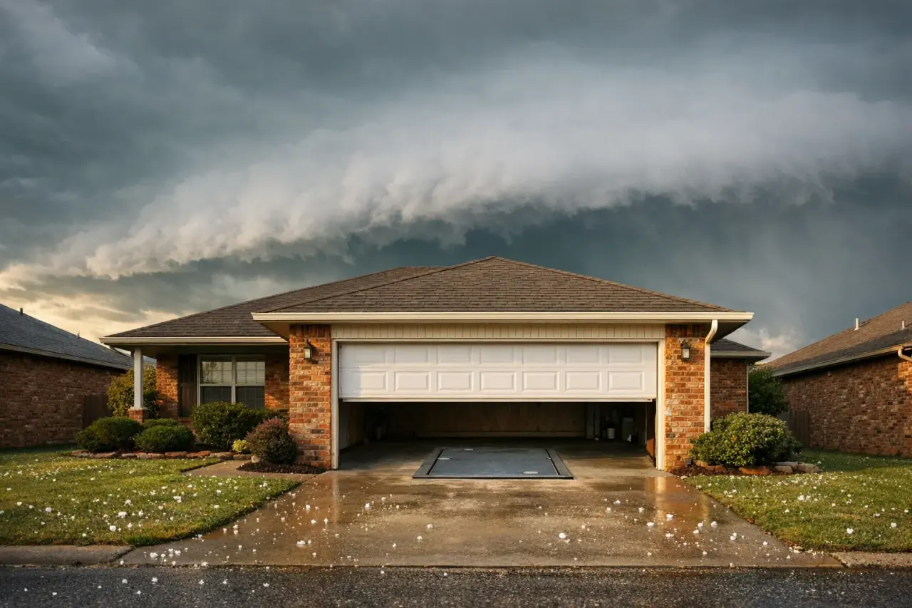 Brick ranch house with its garage door half open over a steel storm shelter hatch in the floor, hail on the driveway