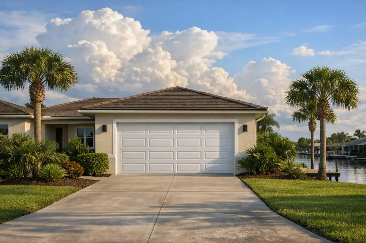 Single-story stucco home with a white two-car garage door, palm trees and a canal under building afternoon storm clouds