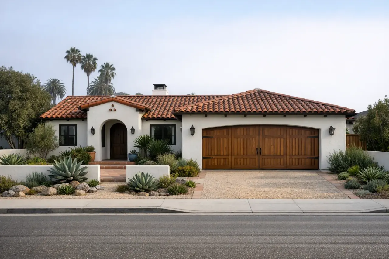 Spanish Revival stucco home with a red tile roof and wood-look carriage garage door under light coastal haze