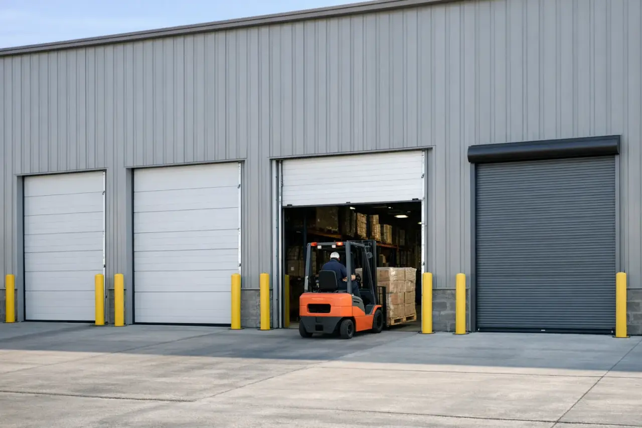 Warehouse with commercial sectional overhead doors, a rolling steel door and yellow bollards