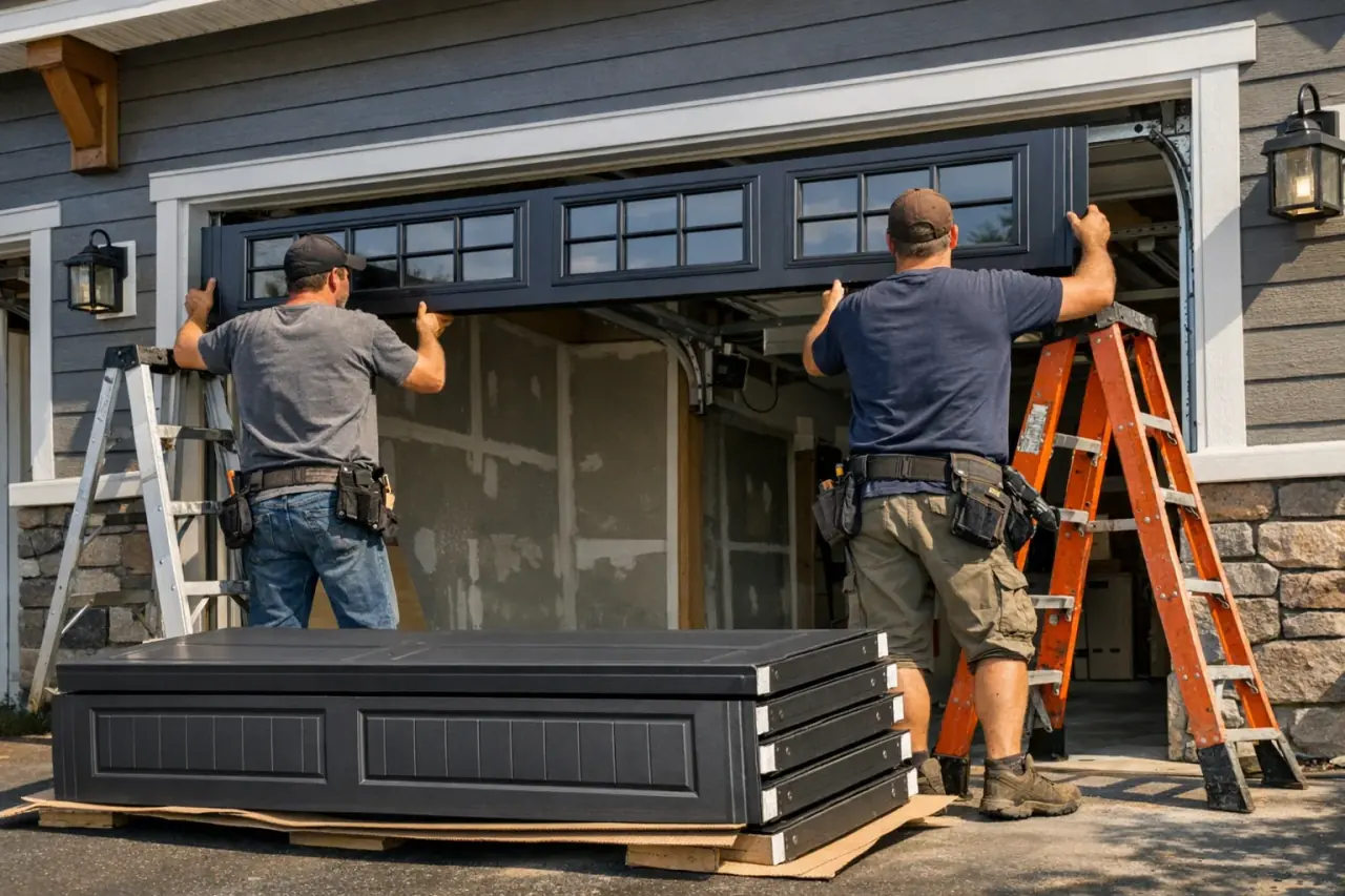 Installers fitting the top section of a new carriage-style garage door on a craftsman home