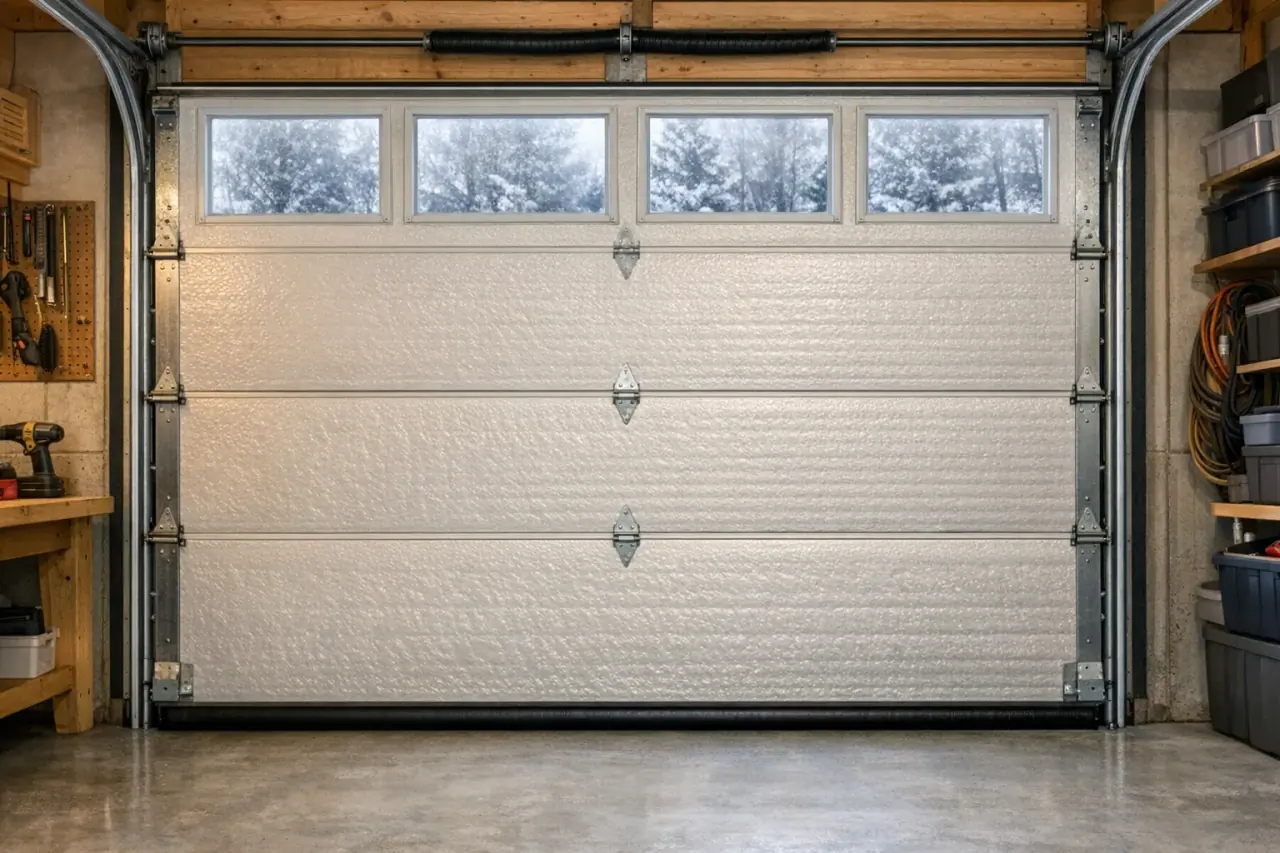 Inside view of an insulated steel garage door with tight perimeter weather seals