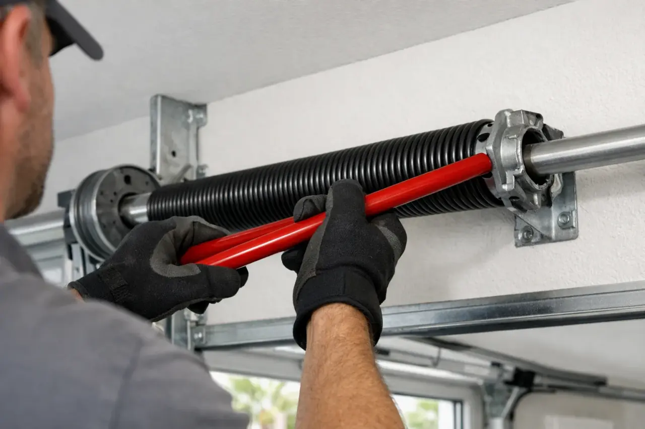 Technician's gloved hands winding a new torsion spring with red winding bars above a garage door in a Miami home