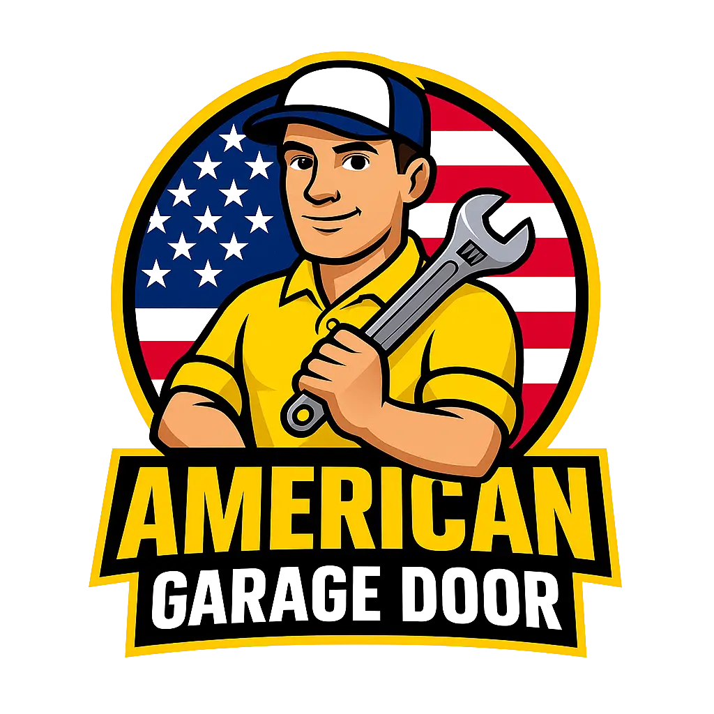 American Garage Door cartoon logo featuring technician holding wrench in front of USA flag