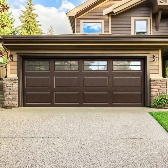 Garage Door Insulation: Keep Your Garage Cozy Year-Round Modern brown double garage door with windows on suburban home