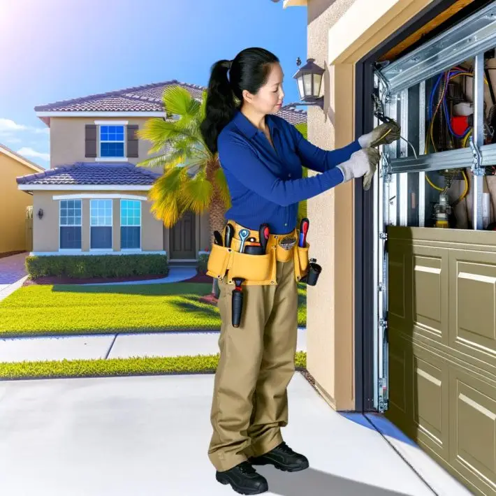 Professional garage door technician conducting maintenance in a sunny Florida neighborhood