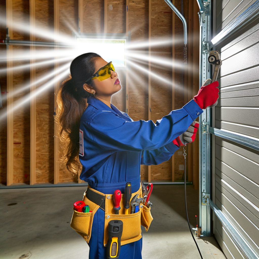 A professional technician inspecting and replacing garage door springs in a bright Florida garage